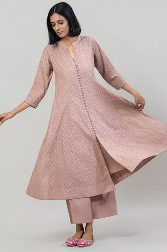 Dusty rose jacquard chanderi anarkali set