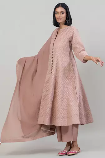 Dusty rose jacquard chanderi anarkali set