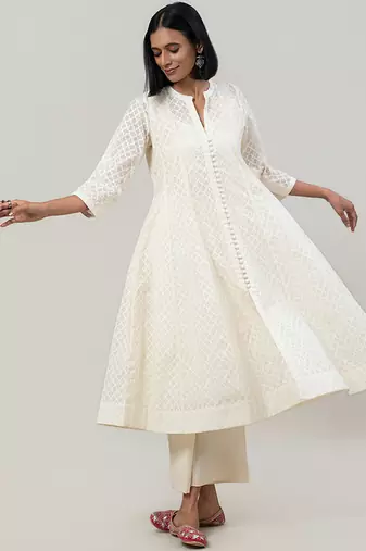 Ivory jacquard chanderi anarkali set