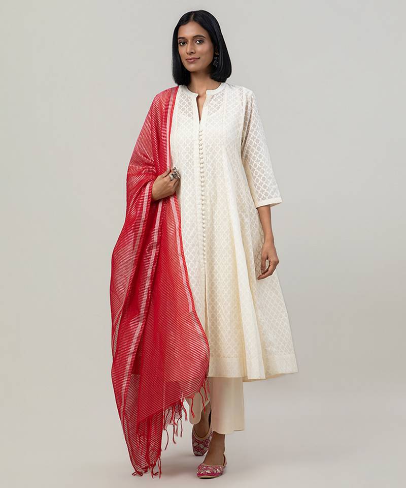 Ivory jacquard chanderi anarkali set with red dupatta