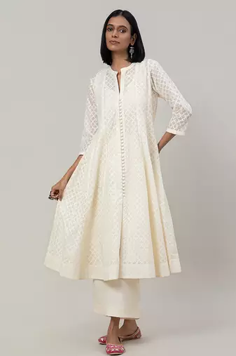 Ivory jacquard chanderi anarkali set with red dupatta