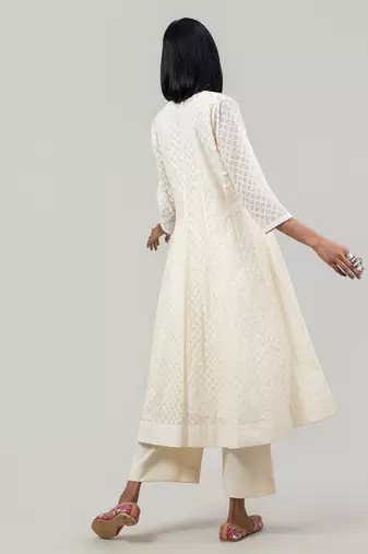 Ivory jacquard chanderi anarkali set with red dupatta