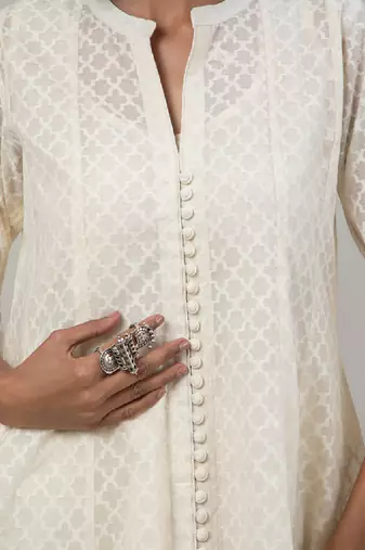 Ivory jacquard chanderi anarkali set with red dupatta