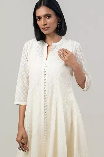 Ivory jacquard chanderi anarkali set with red dupatta