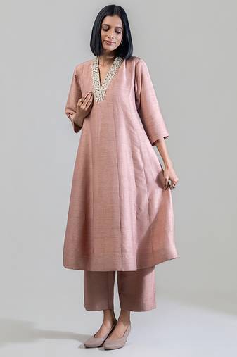 Dusty rose embroidered dola silk anarkali set