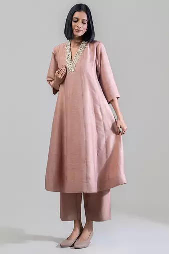Dusty rose embroidered dola silk anarkali set