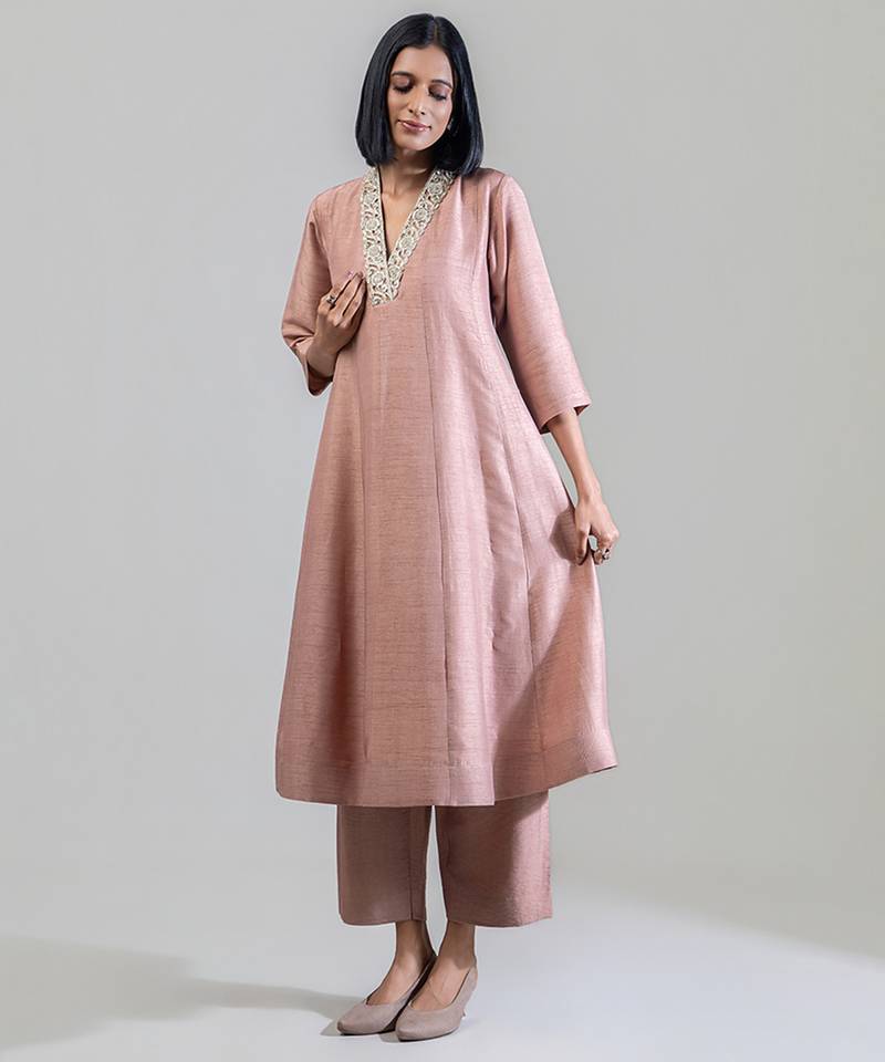 Dusty rose embroidered dola silk anarkali set