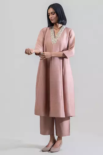 Dusty rose embroidered dola silk anarkali set