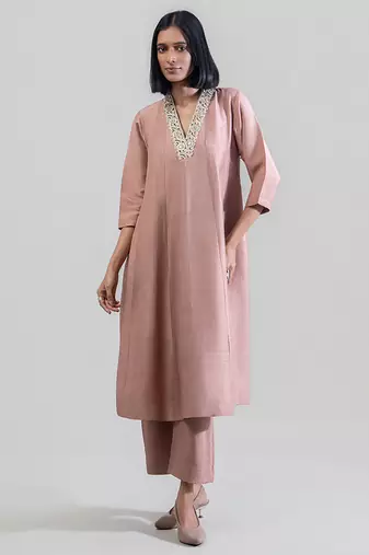 Dusty rose embroidered dola silk anarkali set