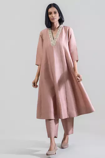 Dusty rose embroidered dola silk anarkali set