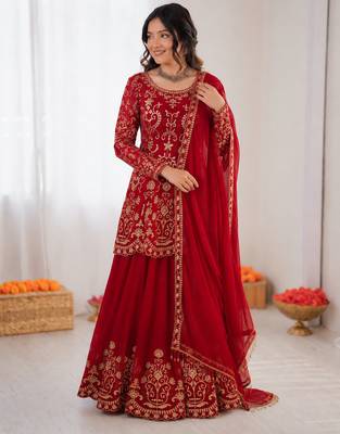 Red georgette thread work sharara suit 2