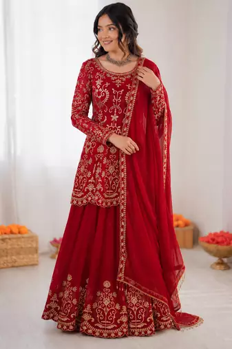 Red georgette thread work sharara suit