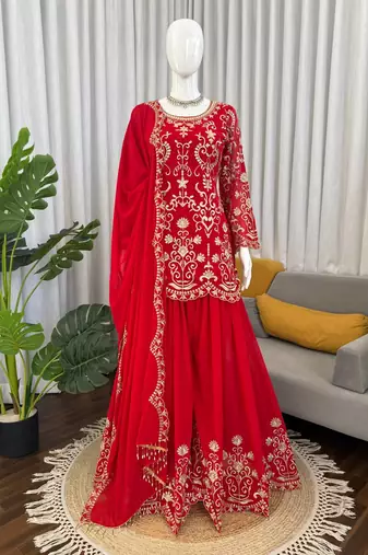 Red georgette thread work sharara suit