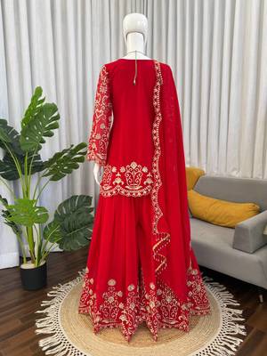 Red georgette thread work sharara suit 4