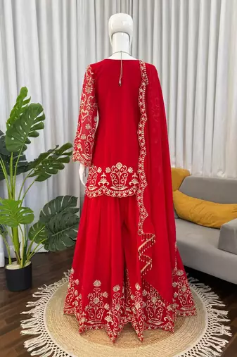 Red georgette thread work sharara suit
