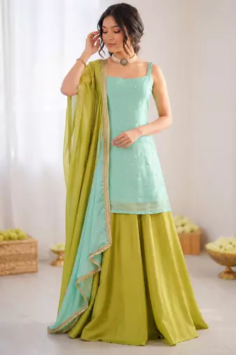 Mint green chinon silk thread with sequin palazzo suit