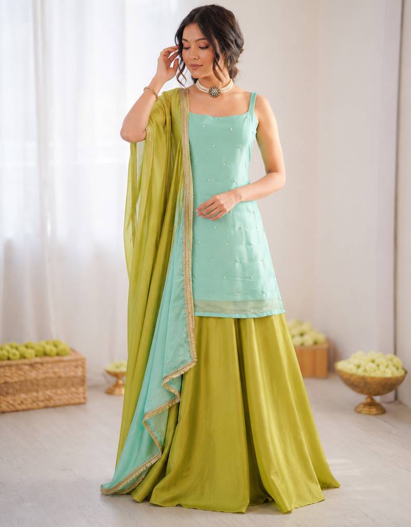 Mint green chinon silk thread with sequin palazzo suit