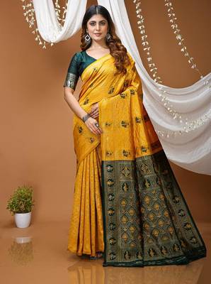 yellow silk blend zari woven saree 1