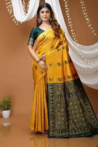 yellow silk blend zari woven saree