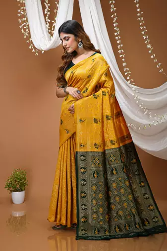 yellow silk blend zari woven saree