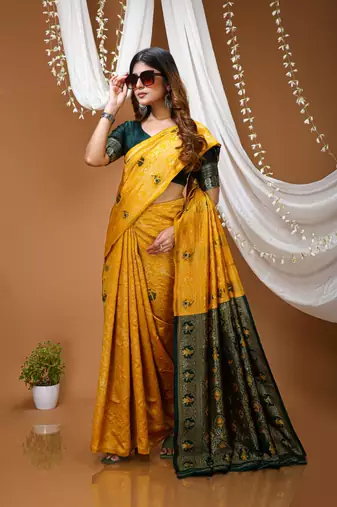 yellow silk blend zari woven saree