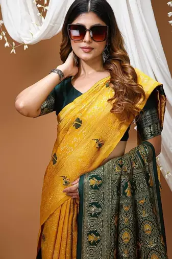 yellow silk blend zari woven saree