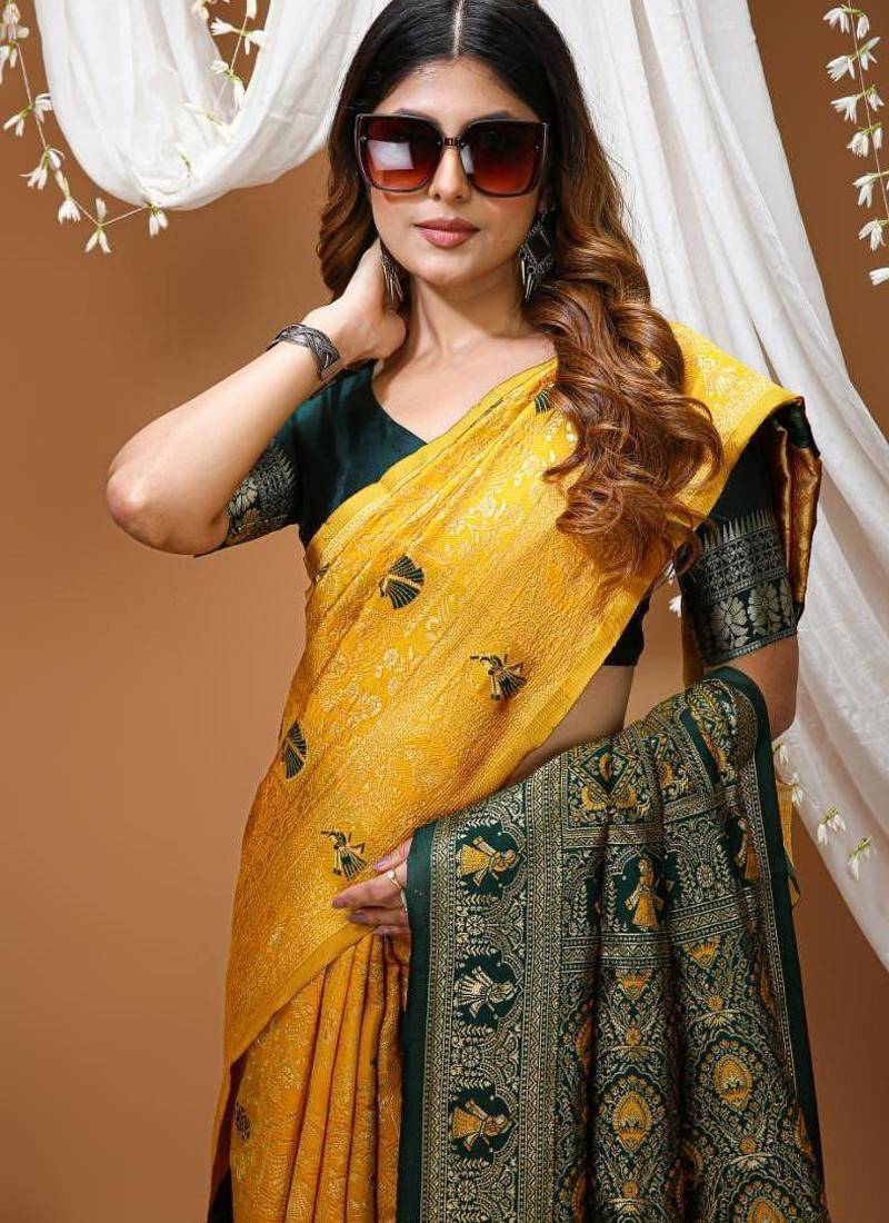 yellow silk blend zari woven saree