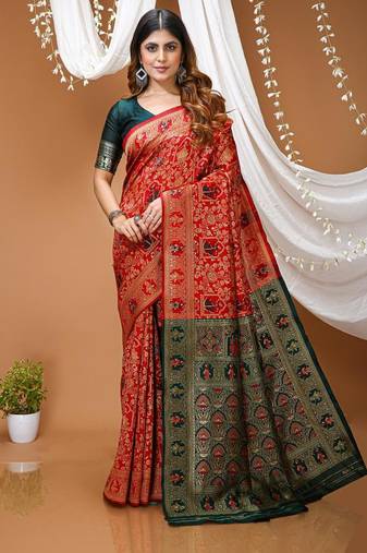 red silk blend zari woven saree