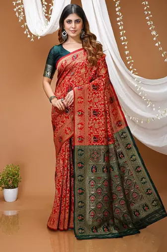red silk blend zari woven saree