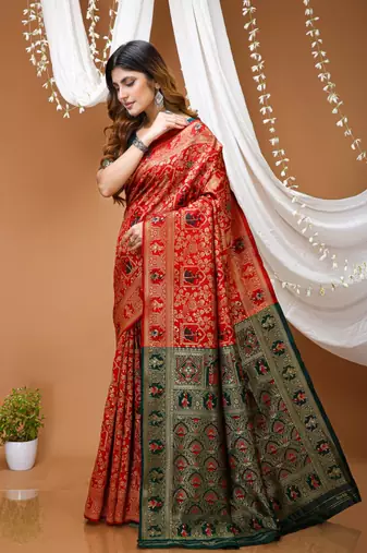 red silk blend zari woven saree