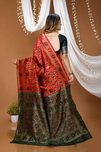 red silk blend zari woven saree
