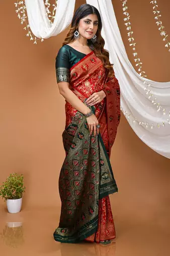 red silk blend zari woven saree