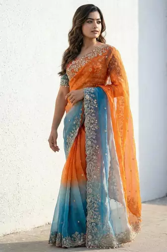 orange-sky blue satin silk blend multi sequin embroidered saree