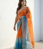 orange-sky blue satin silk blend multi sequin embroidered saree