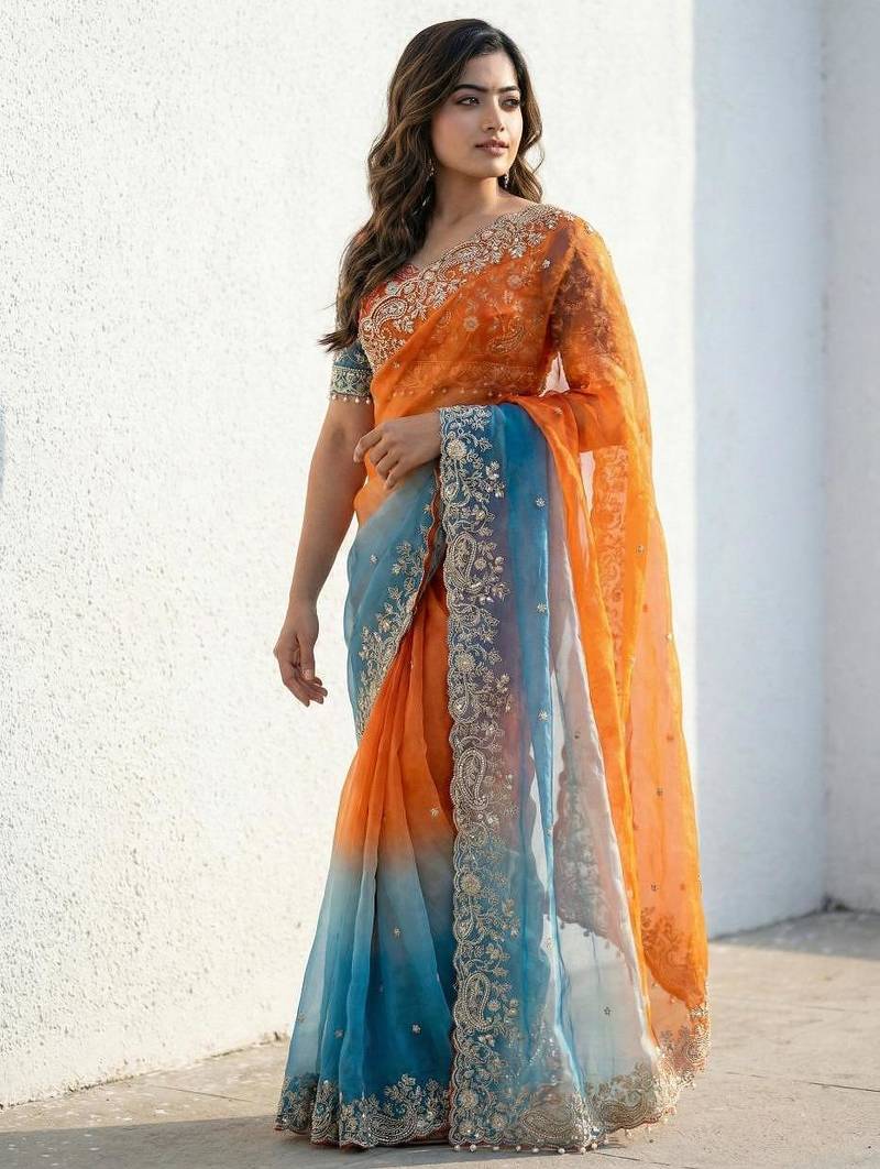 orange-sky blue satin silk blend multi sequin embroidered saree