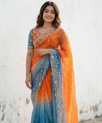 orange-sky blue satin silk blend multi sequin embroidered saree 2