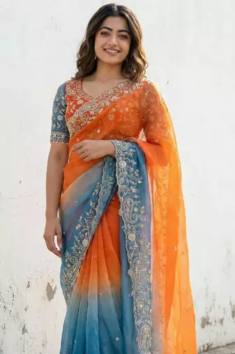 orange-sky blue satin silk blend multi sequin embroidered saree