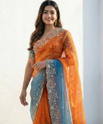 orange-sky blue satin silk blend multi sequin embroidered saree 3