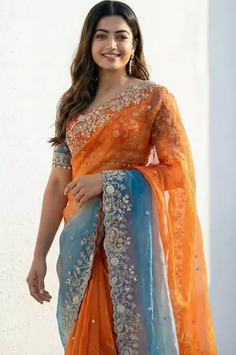 orange-sky blue satin silk blend multi sequin embroidered saree
