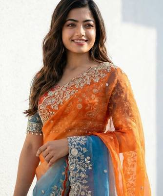 orange-sky blue satin silk blend multi sequin embroidered saree 4
