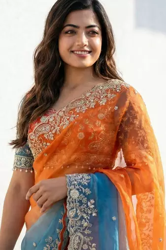 orange-sky blue satin silk blend multi sequin embroidered saree