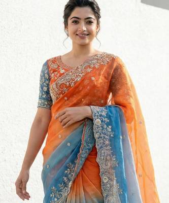orange-sky blue satin silk blend multi sequin embroidered saree 5
