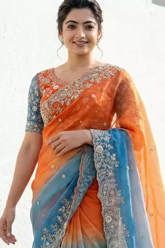 orange-sky blue satin silk blend multi sequin embroidered saree