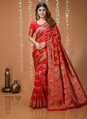 red silk blend zari woven saree 1