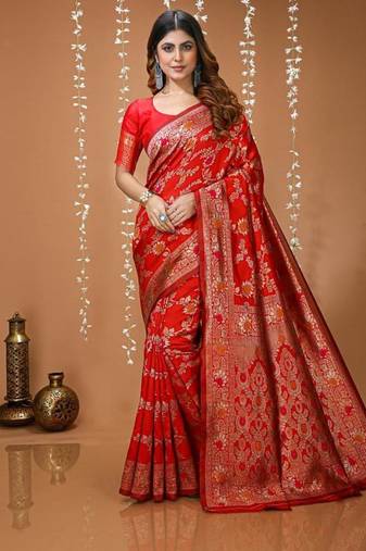 red silk blend zari woven saree