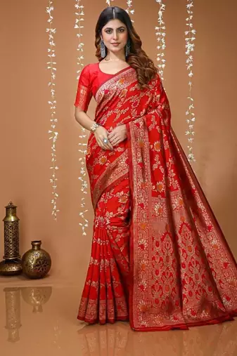 red silk blend zari woven saree