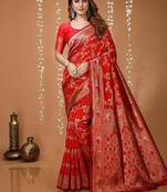 red silk blend zari woven saree