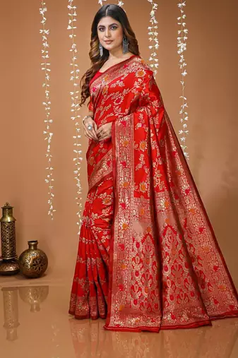 red silk blend zari woven saree