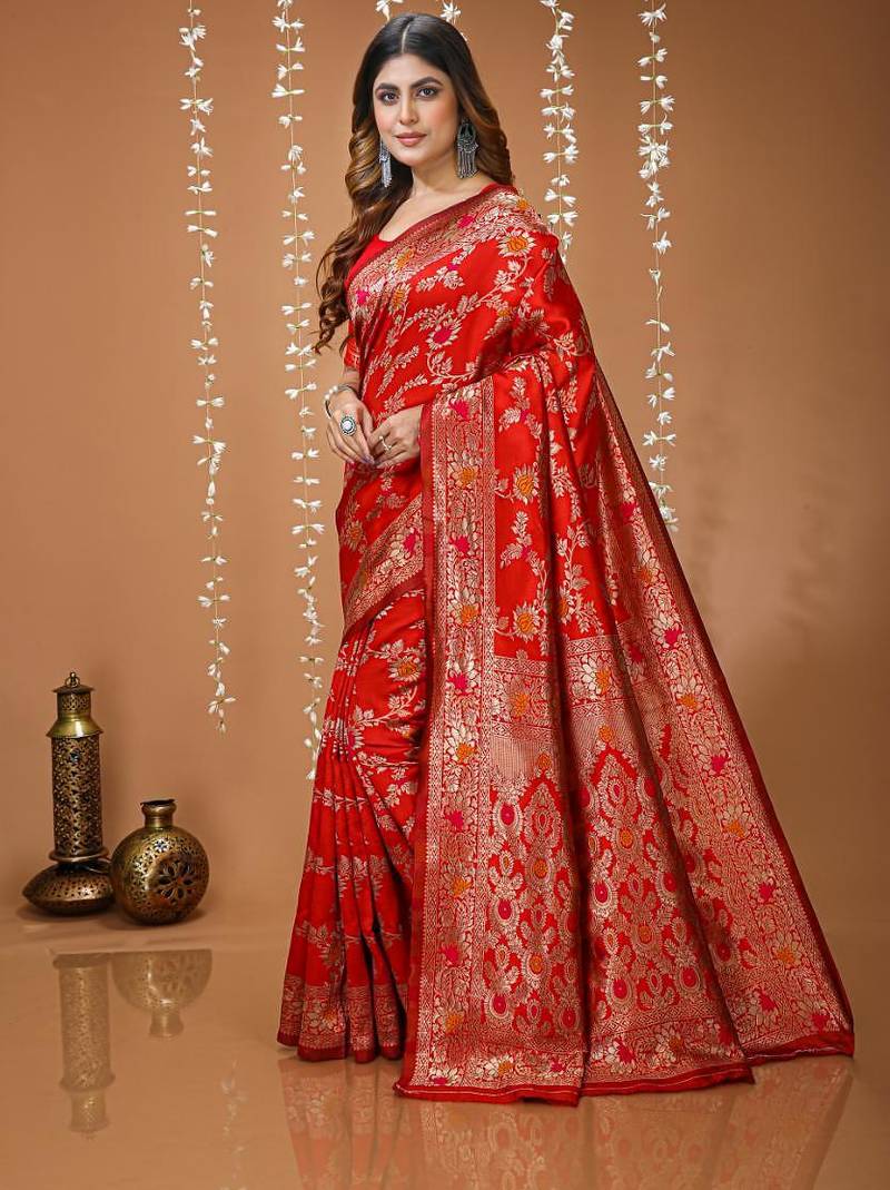 red silk blend zari woven saree