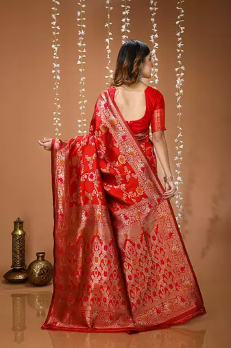 red silk blend zari woven saree